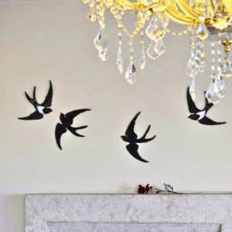 Flock Of 4 Wooden Painted Swallows Black & White Bird in Flying Wall Installation Hanging Large Decor Sculpture For Gift - thumbnail 1