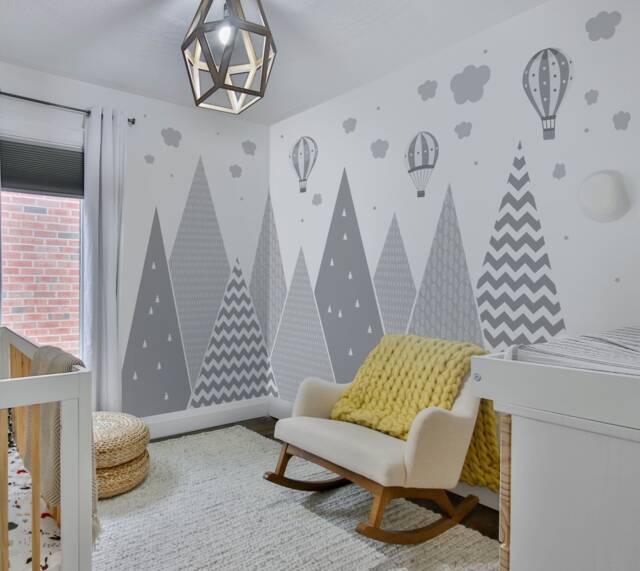 Mountains & Balloons Wall Decal - Grey Hills Children's Room Decoration Baby Stars Boy Girl Wallpaper Child Sticker Clouds Mural - image 1