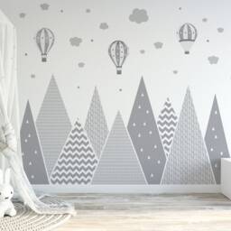 Mountains & Balloons Wall Decal - Grey Hills Children's Room Decoration Baby Stars Boy Girl Wallpaper Child Sticker Clouds Mural - thumbnail 2