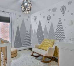 Mountains & Balloons Wall Decal - Grey Hills Children's Room Decoration Baby Stars Boy Girl Wallpaper Child Sticker Clouds Mural - thumbnail 1
