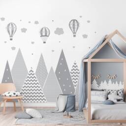 Mountains & Balloons Wall Decal - Grey Hills Children's Room Decoration Baby Stars Boy Girl Wallpaper Child Sticker Clouds Mural - thumbnail 3