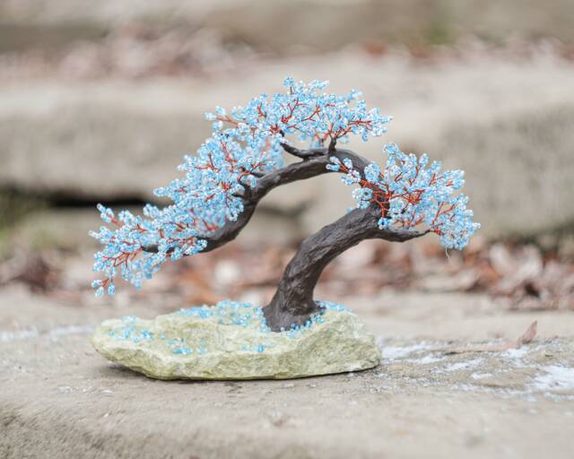 Beaded Artificial Tree Tiny Bonsai, Spring Japanese Feng Shui Tree, Wire Sculpture, Miniature Blue Bonsai On The Rock - image 1