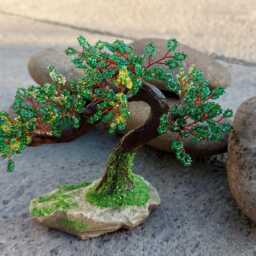 Beaded Artificial Tree Tiny Bonsai, Spring Japanese Feng Shui Tree, Wire Sculpture, Miniature Blue Bonsai On The Rock - thumbnail 2