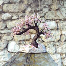 Beaded Artificial Tree Tiny Bonsai, Spring Japanese Feng Shui Tree, Wire Sculpture, Miniature Blue Bonsai On The Rock - thumbnail 3