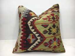 Vintage Handwoven Kilim Pillow Cover, Bohemian Home Decor - 16x16 - thumbnail 1