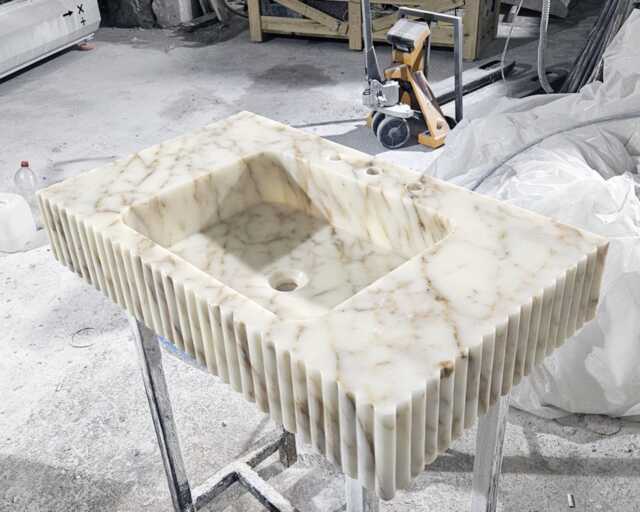Calacatta Gold Marble Sink, Wall Mount Powder Room Vanity, Bathroom Fluted Sink - image 1