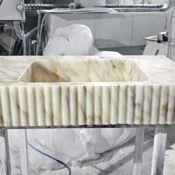 Calacatta Gold Marble Sink, Wall Mount Powder Room Vanity, Bathroom Fluted Sink - thumbnail 3