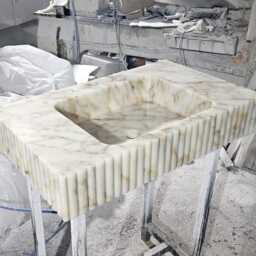 Calacatta Gold Marble Sink, Wall Mount Powder Room Vanity, Bathroom Fluted Sink - thumbnail 2