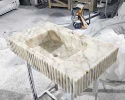Calacatta Gold Marble Sink, Wall Mount Powder Room Vanity, Bathroom Fluted Sink - thumbnail 1