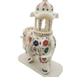 White Marble Undercut Inlay Elephant With Umbrella Ambabari Decorative Floral Design - thumbnail 2
