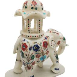 White Marble Undercut Inlay Elephant With Umbrella Ambabari Decorative Floral Design - thumbnail 3