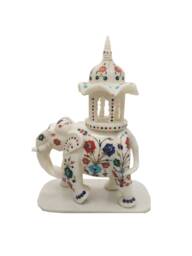 White Marble Undercut Inlay Elephant With Umbrella Ambabari Decorative Floral Design - thumbnail 1