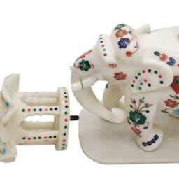 White Marble Undercut Inlay Elephant With Umbrella Ambabari Decorative Floral Design - thumbnail 4
