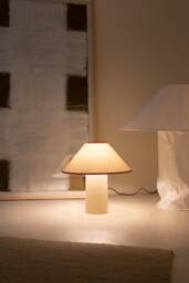 Handmade Ceramic Table Lamp, A Lighting & Decorative Object. Beige Base Shade With Red Trim