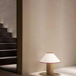 Handmade Ceramic Table Lamp, A Lighting & Decorative Object. Beige Base Shade With Red Trim - thumbnail 3
