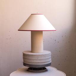 Handmade Ceramic Table Lamp, A Lighting & Decorative Object. Beige Base Shade With Red Trim - thumbnail 2