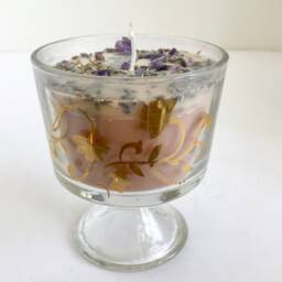Lavender Scented Soy Candle With Dried Herbs & Gemstones in Clear Glass Pedestal Cup With Gold Trim - thumbnail 3