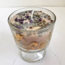 Lavender Scented Soy Candle With Dried Herbs & Gemstones in Clear Glass Pedestal Cup With Gold Trim - thumbnail 2