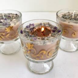 Lavender Scented Soy Candle With Dried Herbs & Gemstones in Clear Glass Pedestal Cup With Gold Trim - thumbnail 4