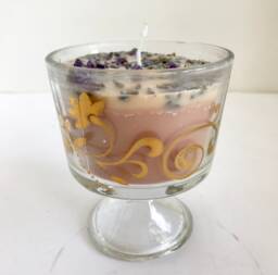 Lavender Scented Soy Candle With Dried Herbs & Gemstones in Clear Glass Pedestal Cup With Gold Trim