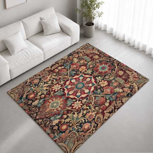 Dark Red Teal Ornate Floral Rug Non-Slip Soft Area Carpet Bedroom Living Room Hallway Mat Decor - Made in UK - image 1