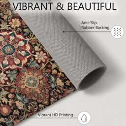 Dark Red Teal Ornate Floral Rug Non-Slip Soft Area Carpet Bedroom Living Room Hallway Mat Decor - Made in UK - thumbnail 4