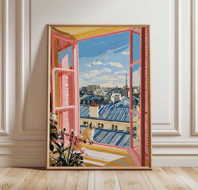 Paris Window View Poster, Cat Print, Cityscape Wall Art - image 1