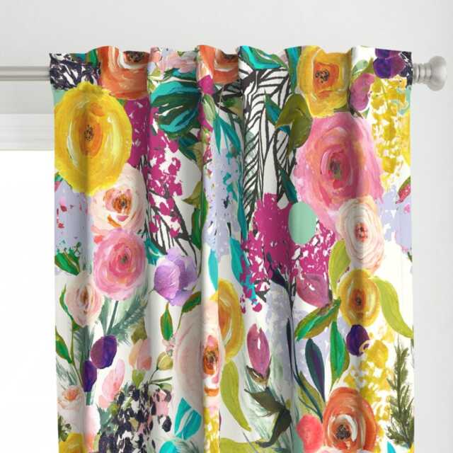 Watercolor Floral Curtain Panel - Botanical Spring Nursery Roses Foliage Custom Autumn Blooms Giant Bright By Theartwerks - image 1