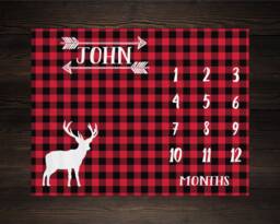 Lumberjack Milestone Blanket Month Growth Tracker Plaid Deer Baby Shower Gift Rustic Boy Nursery Woodland Watercolor - thumbnail 1