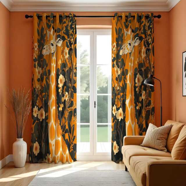 Safari Giraffe Curtains, Jungle Floral Drapes, Tropical Animal Print Window Panels, Exotic Nature Theme Custom Curtains - image 1