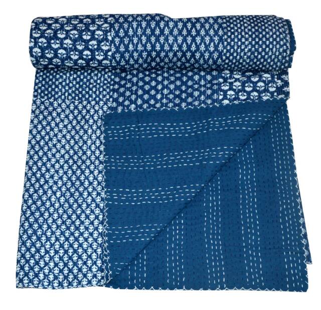 Indigo Patchwork Kantha Quilt Handmade Print Gudari Quilts Boho Blanket Hand Stitched Quilt Throw Bed Cover Bedspread Cover - image 1