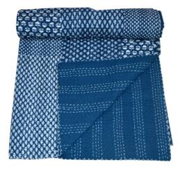 Indigo Patchwork Kantha Quilt Handmade Print Gudari Quilts Boho Blanket Hand Stitched Quilt Throw Bed Cover Bedspread Cover - thumbnail 1