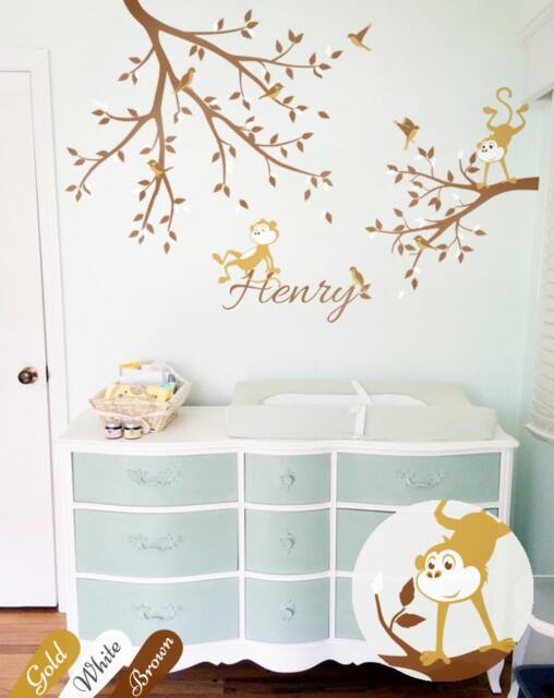 Tree Wall Decals Branch Decal Sticker Mural Cute Monkeys & Birds Art Decor For Nursery Kids Room Kw018 - image 1
