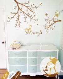 Tree Wall Decals Branch Decal Sticker Mural Cute Monkeys & Birds Art Decor For Nursery Kids Room Kw018 - thumbnail 1