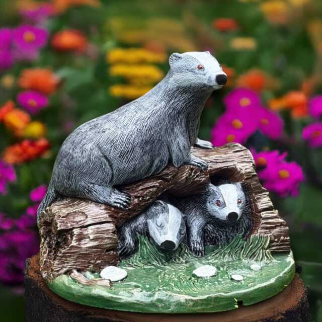 Family Badger Statue Stone Woodland Animal Sculpture Cement Forest Decoration Outdoor Mother Figurine Garden Wildlife Ornament - image 1