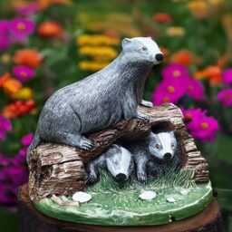 Family Badger Statue Stone Woodland Animal Sculpture Cement Forest Decoration Outdoor Mother Figurine Garden Wildlife Ornament - thumbnail 1