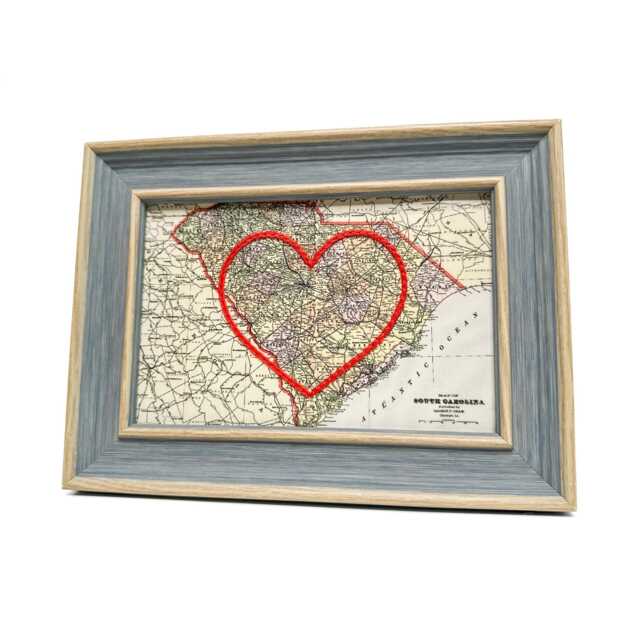 South Carolina Heart Map - Custom Gift Anniversary For Him Framed Wedding Vintage Print With Hand-Embroidered - image 1