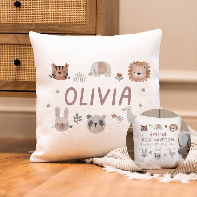 Personalised Jungle Girls Cushion - Nursery Girl's New Baby Girl Gifts Neutral Decor - image 1