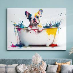 French Bulldog Bathtub Abstract Dog Pet Animal Painting Splatter Wall Art Framed Canvas Poster Print Home Kitchen Office Room Decor Gifts - thumbnail 1