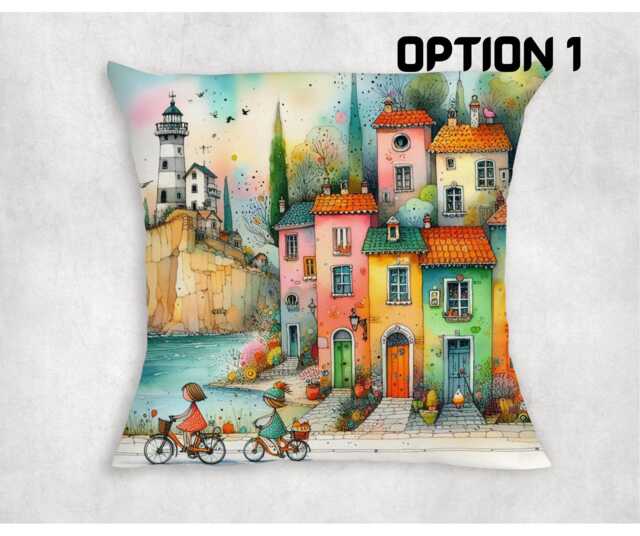 Rustic Seaside Town Cushion Cover Coastal Lighthouse & Bikes Design - image 1