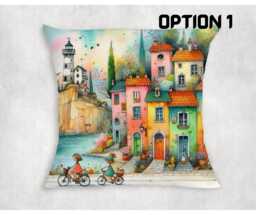 Rustic Seaside Town Cushion Cover Coastal Lighthouse & Bikes Design - thumbnail 1