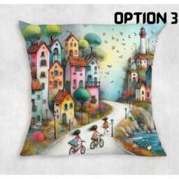 Rustic Seaside Town Cushion Cover Coastal Lighthouse & Bikes Design - thumbnail 3