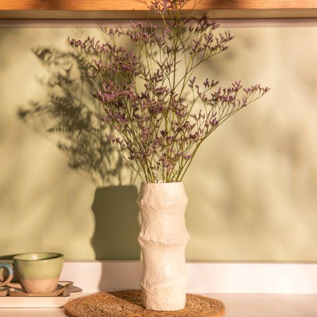 Off White Textured Paper Mache Vase, Home Decor Piece, Desk Decor, Flower Pot Vase For Dry Flowers - image 1