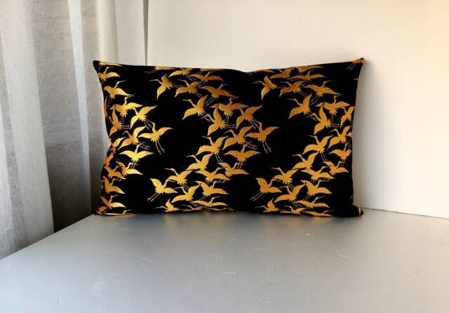 Golden Crane Throw Pillow Case, Japanese Obi Brocade Sofa Bedding Silk Cushion, Gold Decor Cover - image 1
