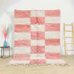 Moroccan Pink & White Berber Rug, Handwoven Wool Shag Rug With Checkerboard Pattern, Authentic Beni Ourain Style Carpet, Large Area - thumbnail 1