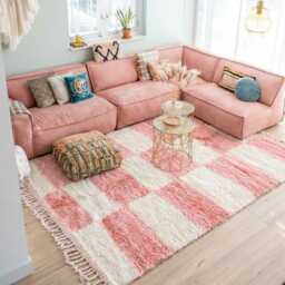Moroccan Pink & White Berber Rug, Handwoven Wool Shag Rug With Checkerboard Pattern, Authentic Beni Ourain Style Carpet, Large Area - thumbnail 2