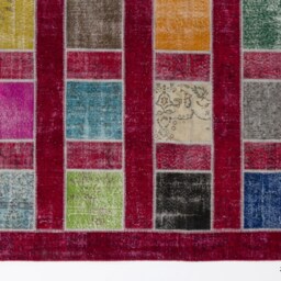 Multicolor Handmade Turkish Patchwork Rug, Red Background With Squares - thumbnail 3