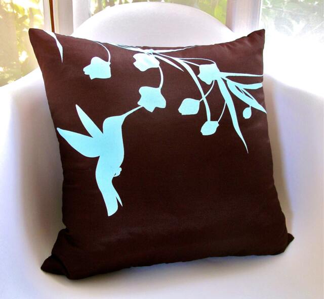 Hummingbird Pillow Robins Egg Blue Print On Brown Silk, 16 Inch Square - image 1