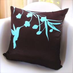 Hummingbird Pillow Robins Egg Blue Print On Brown Silk, 16 Inch Square - thumbnail 3