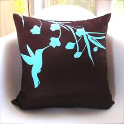 Hummingbird Pillow Robins Egg Blue Print On Brown Silk, 16 Inch Square - thumbnail 2